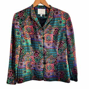 Adrianna Papell VTG Vibrant Jewel Tone Multicolor 100% Silk Print Blazer Sz 14P